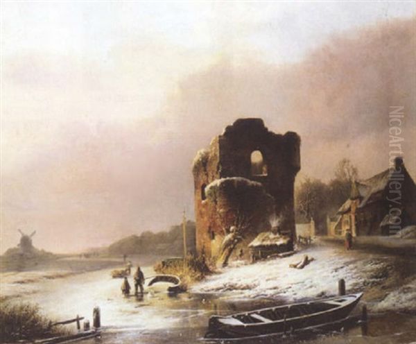 The Frozen River Oil Painting by Pieter Hendrik Lodewijk Jonxis