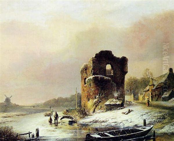 Kanalparti Med Borgruin I Forgrunden, Vinter Oil Painting by Pieter Hendrik Lodewijk Jonxis