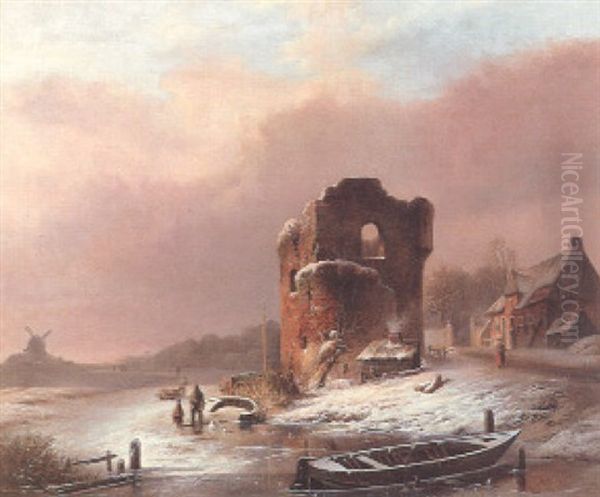 Figures In A Winter Landscape On A Frozen River Oil Painting by Pieter Hendrik Lodewijk Jonxis