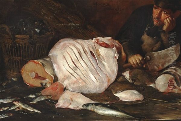 A Fishmonger With Halibut, Salmon, Herring, Cod, Mackerel And A Basket Oil Painting by Eugene Joors