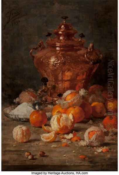 Still Life With Oranges And Copper Samovar Oil Painting by Eugene Joors