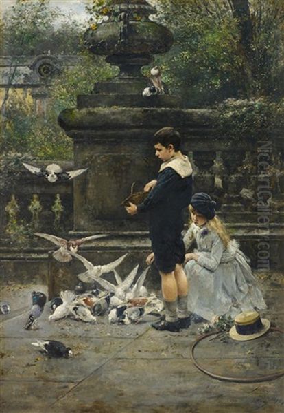 Kinder Mit Tauben Im Park Oil Painting by Eugene Joors