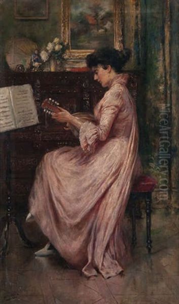 Interieur Anime D'une Femme A La Mandoline by Eugene Joors