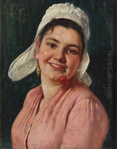 Portrait D'une Fille Zeelandaise Avec Cerises Oil Painting by Eugene Joors