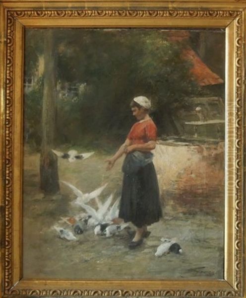 Jeune Fille Nourrissant Des Pigeons Oil Painting by Eugene Joors