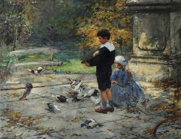 Scene De Parc Animee De Deux Enfants Nourissant Des Pigeons Oil Painting by Eugene Joors