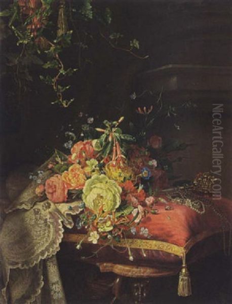 A Still Life With Flowers, Lace And Jewellery Oil Painting by Dirk Jan Hendrik Joosten