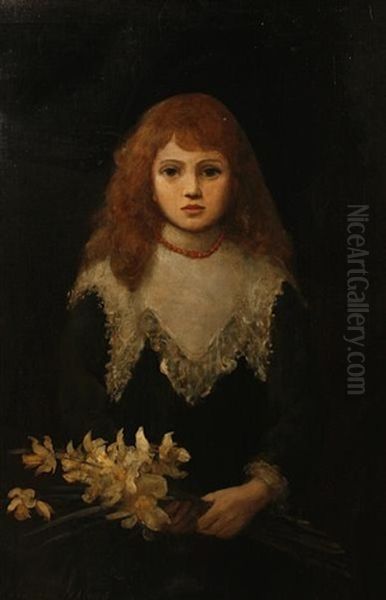 Portrait Of A Girl Holding A Bouquet Of Daffodils Oil Painting by Louise Jopling