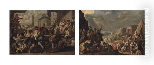 The Rape Of The Sabine Women; And The Gathering Of The Manna Oil Painting by Hans Jordaens III