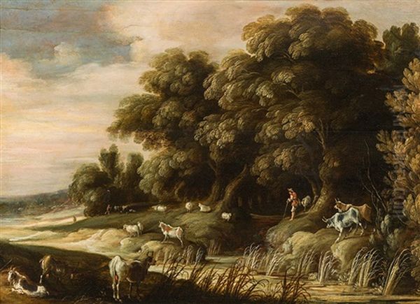 Landscape With Animals And Shepherds Oil Painting by Hans Jordaens III