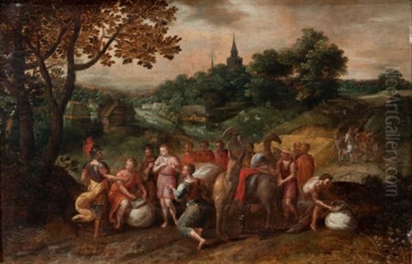 Joseph's Brothers On Their Way To Buy Grain In Egypt In A Wooded Landscape Oil Painting by Hans Jordaens III