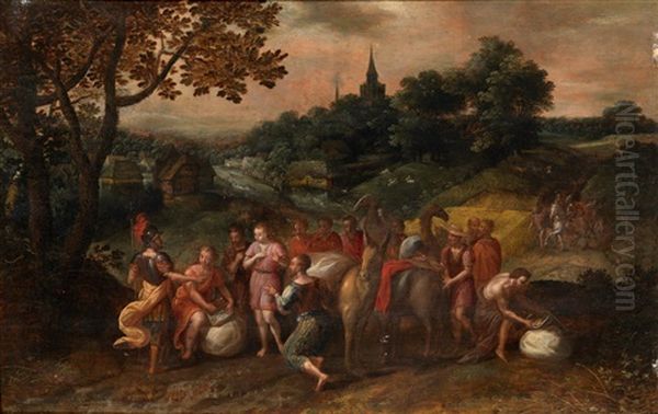 Joseph's Brothers On Their Way To Buy Grain In Egypt In A Wooded Landscape Oil Painting by Hans Jordaens III