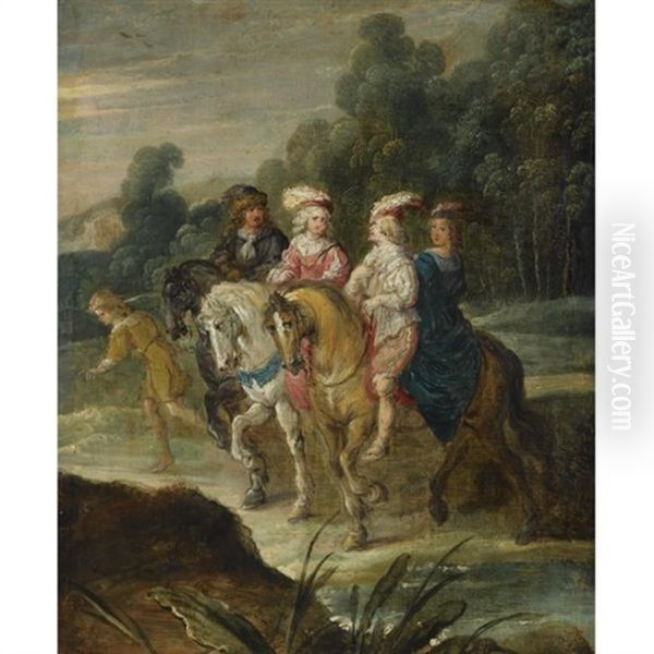 An Elegant Company On Horseback Oil Painting by Hans Jordaens III