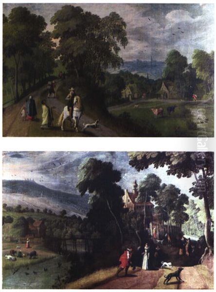 Le Rencontre Sur Le Chemin (+ Paysage Aux Cavaliers Et Paysans; Pair) Oil Painting by Hans Jordaens III