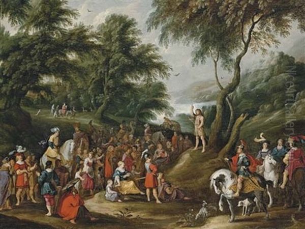 Saint John The Baptist Preaching In The Wilderness, The Flight Into Egypt Beyond (collab. W/alexander Keirinckx) Oil Painting by Hans Jordaens III