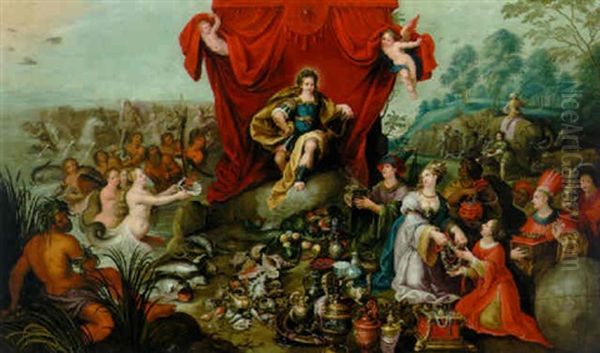 Apollo Enthroned, Presented With The Gifts Of The Continents And Oceans Oil Painting by Hans Jordaens III