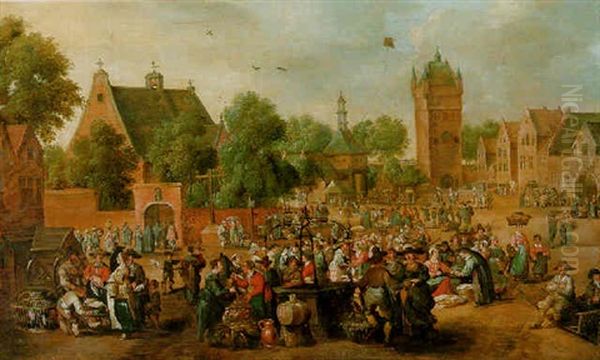 A Market In A Town Square With A Boy Flying A Kite Oil Painting by Hans Jordaens III