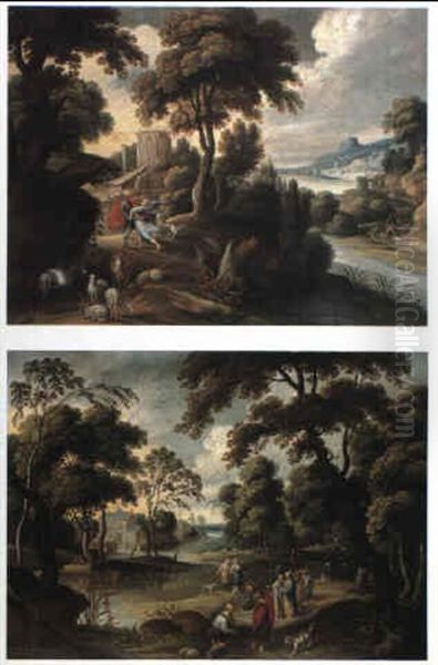 Wooded River Landscapes With Jacob Wrestling With The Angel Oil Painting by Hans Jordaens III