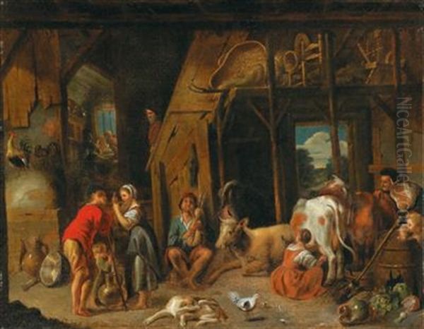 An Interior Of A Farm With Peasants At Work Oil Painting by Jacob Jordaens