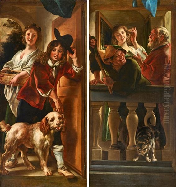 A Set Of Two Trompe L'oeil Wall Decorations: A Youth At A Doorway Doffing His Hat As He Enters With His Dog Followed By A Young Woman Carrying A Basket (i); And A Jester Making Fun At A Balcony, With A Young Woman Preening Herself As An Old Man Reads And  Oil Painting by Jacob Jordaens