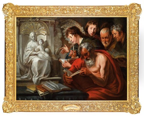 Die Vier Evangelisten An Einem Altar Mit Der Statue Der Madonna Mit Kind Oil Painting by Jacob Jordaens