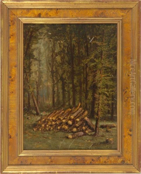 Forest Landscape With Stacked Wood Oil Painting by Frederick Stone Batcheller