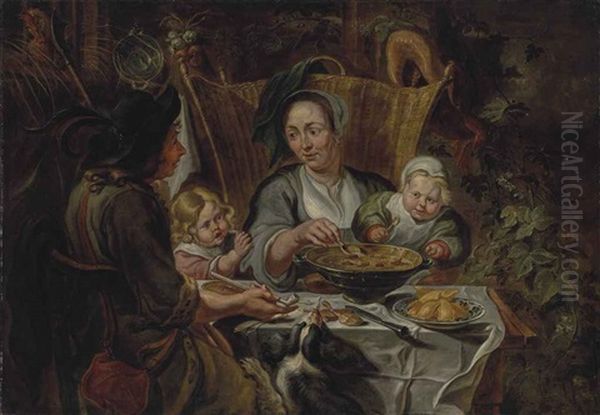 A Family Gathered Around A Table Sharing A Meal Oil Painting by Jacob Jordaens