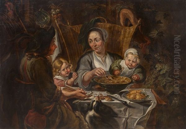 A Peasant Family Dining In An Interior; Two Children With A Dog, Chicken Repellent (2 Works) Oil Painting by Jacob Jordaens