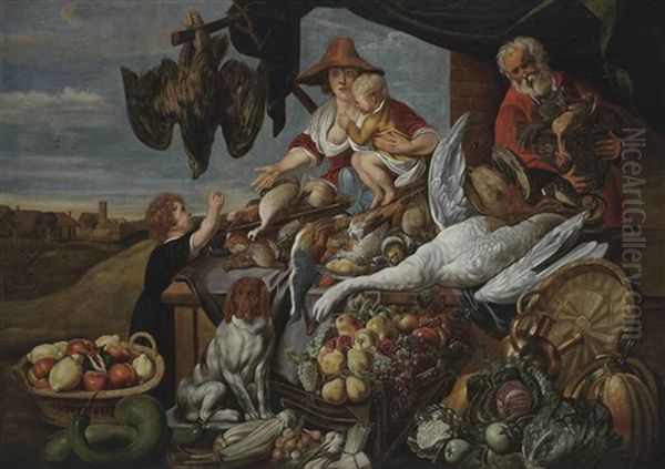 A Market Stall With Birds, Fruit And A Hound Dog Oil Painting by Jacob Jordaens