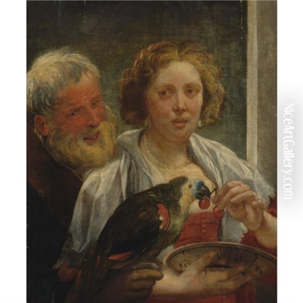 A Bearded Man And A Woman With A Parrot: Unrequited Love Oil Painting by Jacob Jordaens