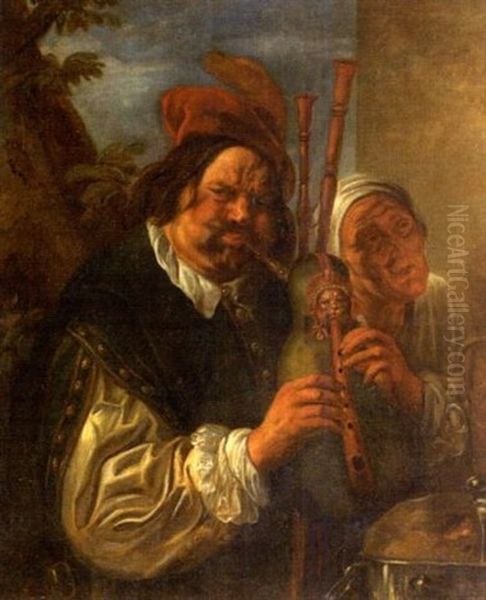 Joueurs De Cornemuse Accompagne D'une Femme Agee Oil Painting by Jacob Jordaens