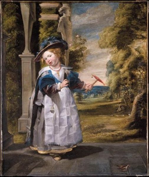 Portrait Of The Painter's Daughter Anna Catharina, Standing On A Terrace Holding Her Pet Finch Oil Painting by Jacob Jordaens