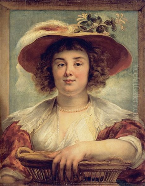 A Portrait Of The Artist's Daughter Elizabeth Wearing A Straw Hat With A Sprig Of Honeysuckle And An Ostrich Plume, Holding A Basket Oil Painting by Jacob Jordaens