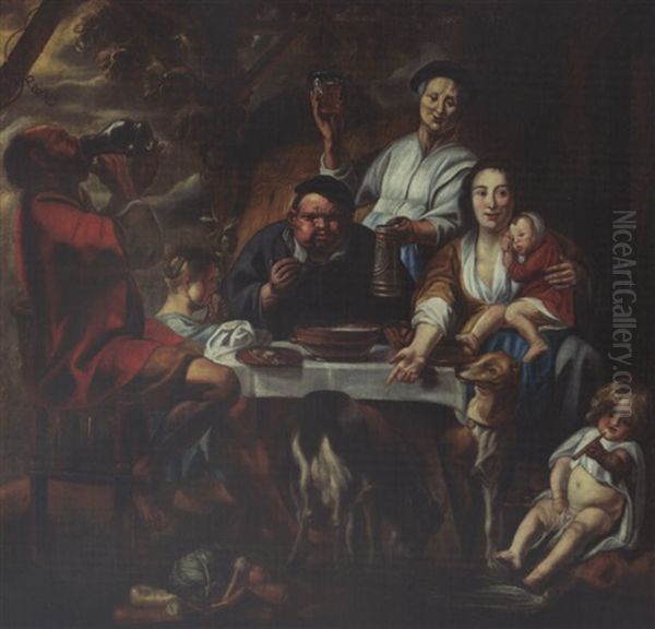 A Peasant Eating Porridge At A Table Together With A Mother And Child And Other Figures Drinking And Eating, Dogs In The Foreground Oil Painting by Jacob Jordaens