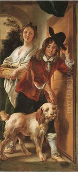 A Youth, Holding A Dog In Check And Doffing His Hat As He Enters A House, Accompanied By A Young Woman Oil Painting by Jacob Jordaens