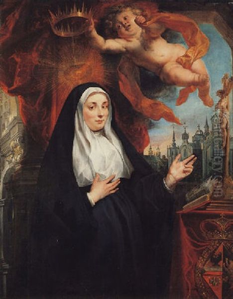 Portrait Of The Infanta Isabella Clara Eugenia, As A Nun, In Prayer Before A Crucifix And Crowned By A Cherub, With An Abbey Beyond Oil Painting by Jacob Jordaens