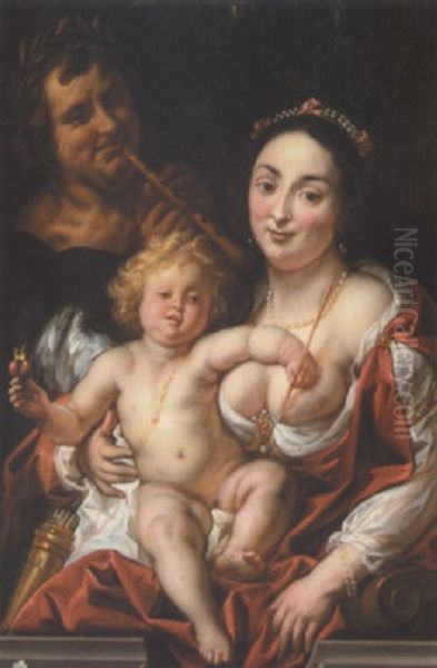 Venus And Cupid With A Flute Player Oil Painting by Jacob Jordaens