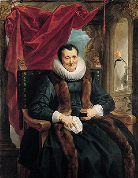 Portrait Of Magdalena De Cuyper With White Lace Cuffs And Ruff, And A Fur-trimmed Coat, Before An Opening Partly Concealed By A Draped Red Cloth Oil Painting by Jacob Jordaens