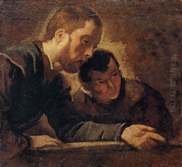 Two Men Seated At A Table (teacher And Student?) Oil Painting by Jacob Jordaens