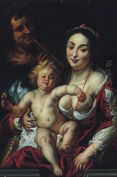 Venus And Cupid With A Flute Player Oil Painting by Jacob Jordaens