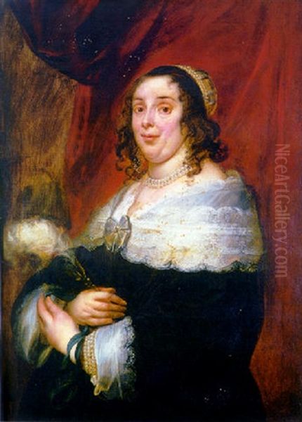 Portrait Of A Lady In A Black Dress With An Embroidered White Collar And A Cap Decorated With Pearls, A Plume In Her Hand Oil Painting by Jacob Jordaens