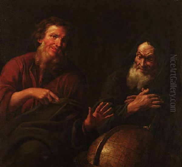 Der Lachende Und Der Weinende Philosoph - Demokrit Und Heraklit Vor Einem Globus Oil Painting by Jacob Jordaens