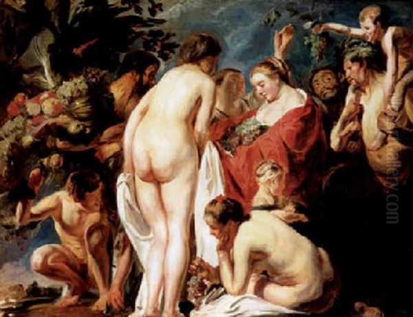 An Allegory Of Fertility: Nymphs And Satyrs Offering Fruit To Pomona Oil Painting by Jacob Jordaens