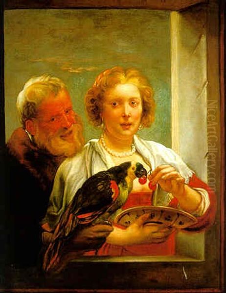 An Ill-matched Couple With A Parrot Oil Painting by Jacob Jordaens