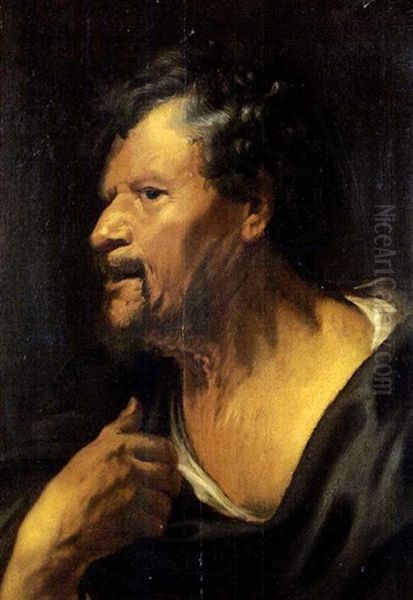 Study Of A Man's Head And Shoulders With His Right Hand Raised Oil Painting by Jacob Jordaens