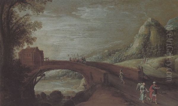 Gebirgige Flusslandschaft Mit Einer Steinernen Bogenbrucke Und Figuren Oil Painting by Simon Jordaens