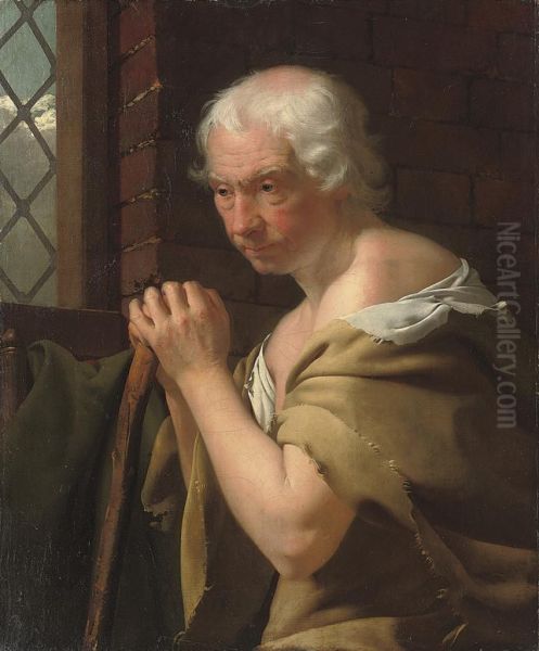 An Old Man With A Staff By A Window Oil Painting by William Bate