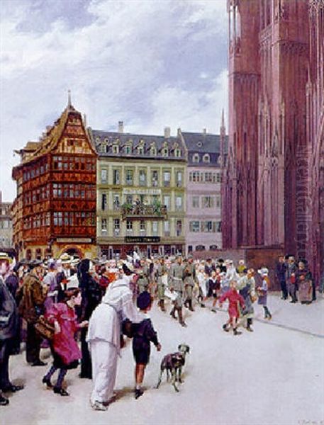 Auf Dem Munsterplatz Zu Strasburg Zieht Eine Patrouille Zur Verlesung Einer Proklamation Auf Oil Painting by Carl Jordan