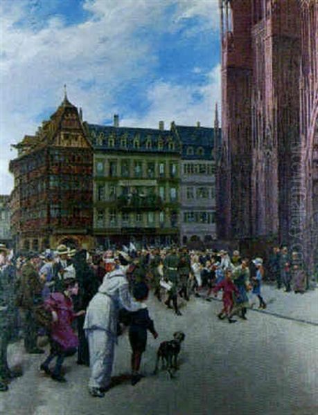 A Military Procession Before Strasbourg Cathedral Oil Painting by Carl Jordan