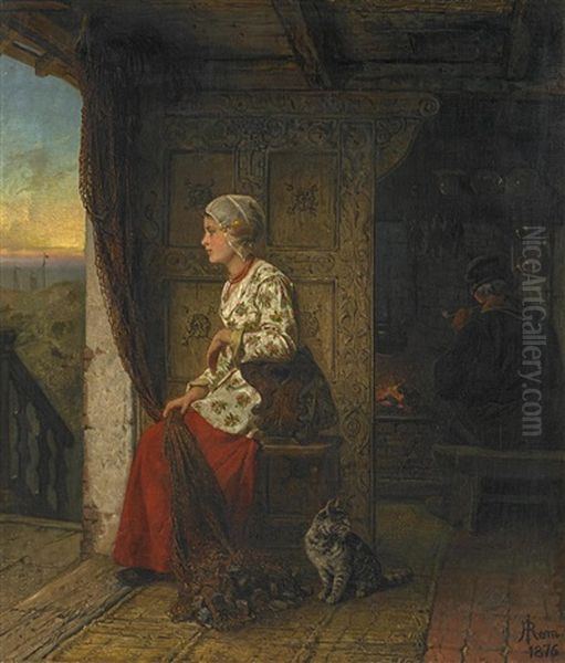 Fischerkate Mit Blick Auf Die Nordsee, Junger Frau Und Altem Fischer Am Kamin Oil Painting by Rudolf Jordan